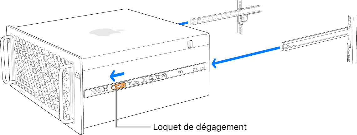 Le Mac Pro en train d’être retiré des glissières qui sont fixées au rack.