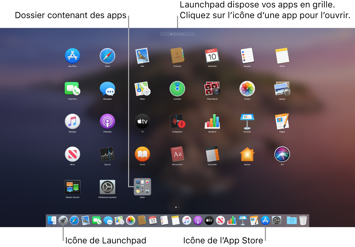 L’écran du Mac avec Launchpad ouvert, affichant un dossier d’apps dans Launchpad, et les icônes Launchpad et App Store dans le Dock.