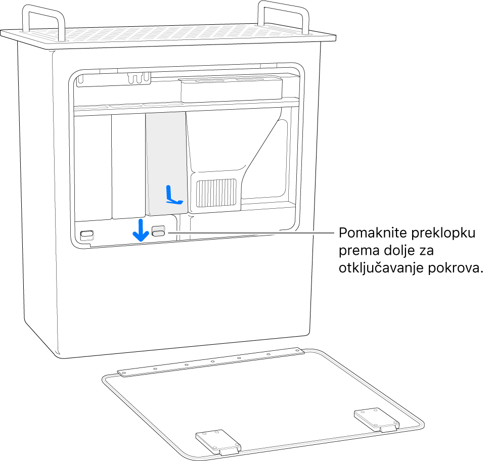 Mac Pro stoji uspravno, istaknut je prekidač koji otključava DIMM pokrov.