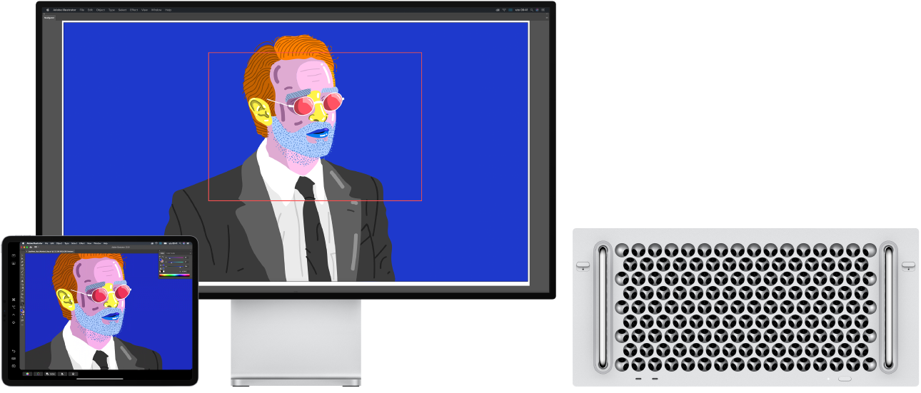 Mac Pro i iPad jedan do drugog. Mac Pro prikazuje crtež u prozoru navigatora Illustratora. iPad prikazuje isti crtež u prozoru dokumenta Illustratora, a ako njega nalaze se alatne trake.