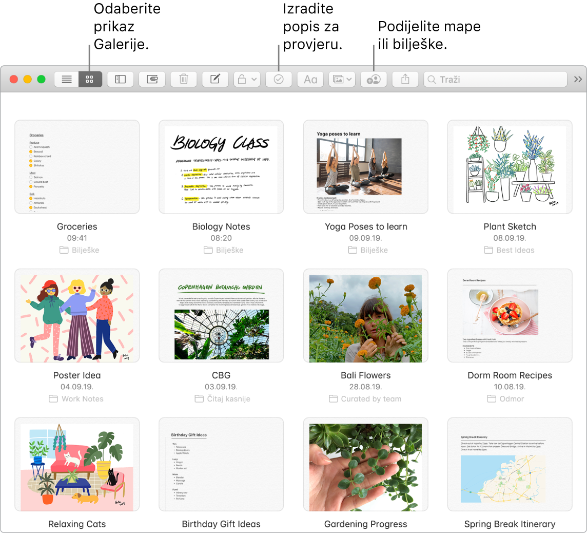 Prozor aplikacije Bilješke s prikazom tipke odabira prikaza galerije, tipke popisa za provjeru te tipke za dijeljenje mape.