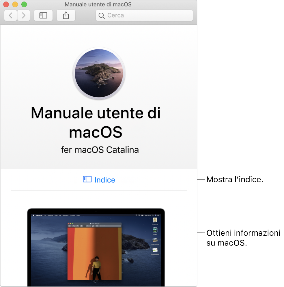 Pagina di benvenuto del Manuale utente di macOS che mostra il link dell’indice.