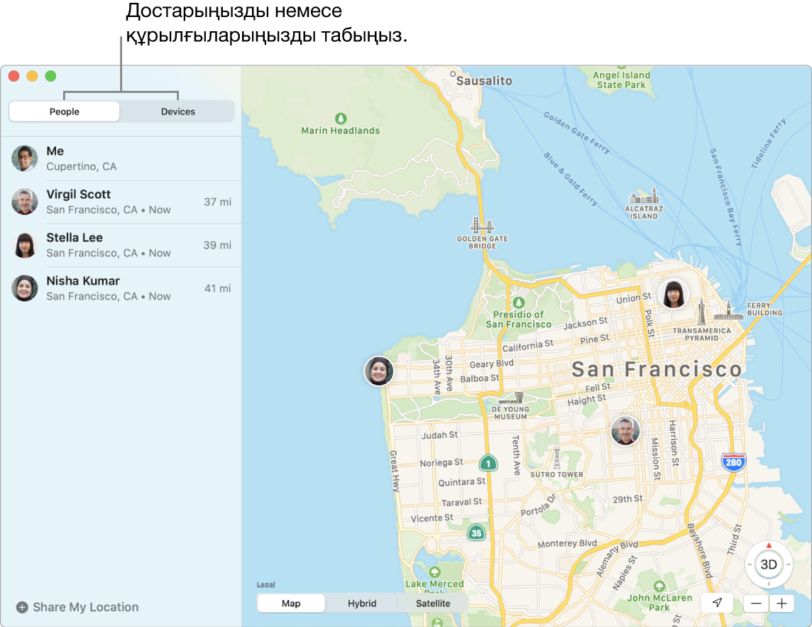 Достарыңызды немесе құрылғыларыңызды People немесе Devices қойындысын басу арқылы таба аласыз. Үш достың орындары бар Сан Франциско қаласының картасы: Virgil Scott, Stella Lee және Nisha Kumar.