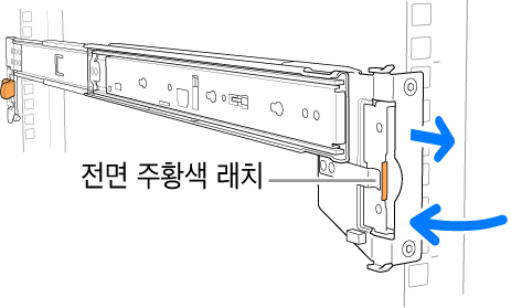 전면 래치의 위치를 표시하는 레일 어셈블리.