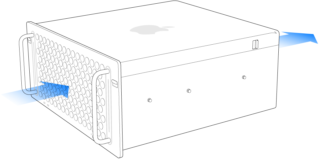 앞뒤로 공기가 어떻게 통하는지 보여주는 Mac Pro.