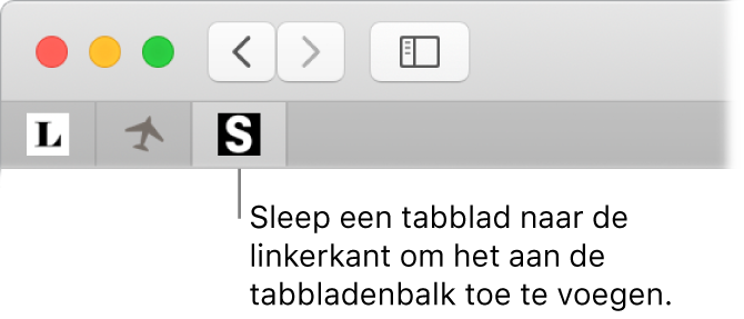 Een Safari-venster waarin wordt aangegeven hoe je een tabblad vastzet in de tabbladbalk.