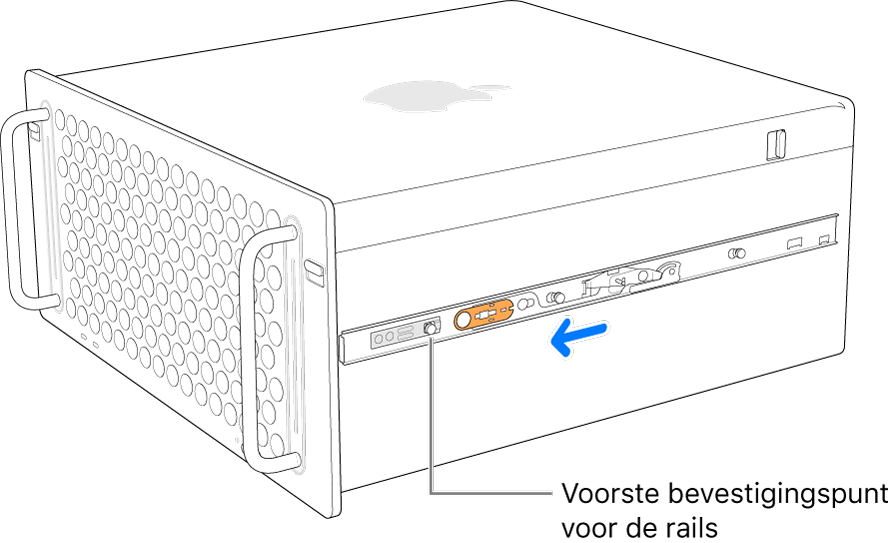 Mac Pro met een rail die naar voren schuift en op zijn plaats wordt vergrendeld.