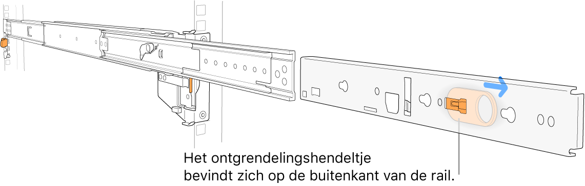 Een uitgetrokken rail met de ontgrendelingshendel op de buitenkant van de rail gemarkeerd.