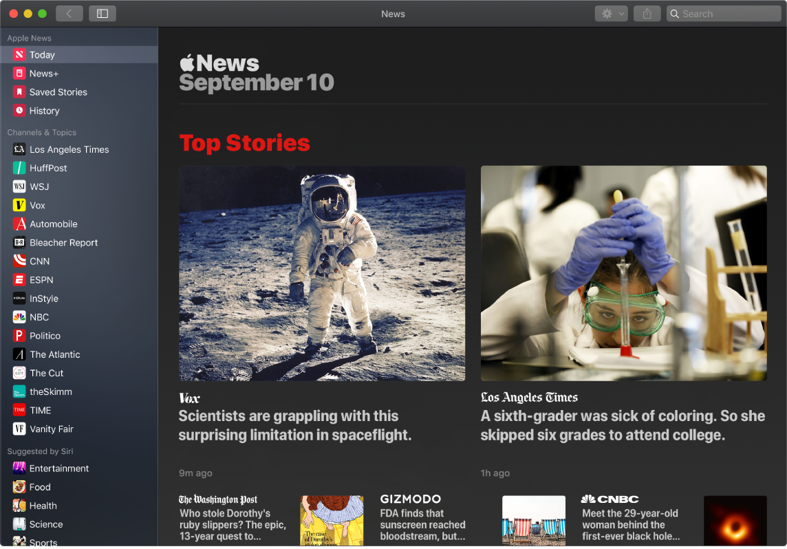 Een News-venster met de volglijst en 'Top Stories'.