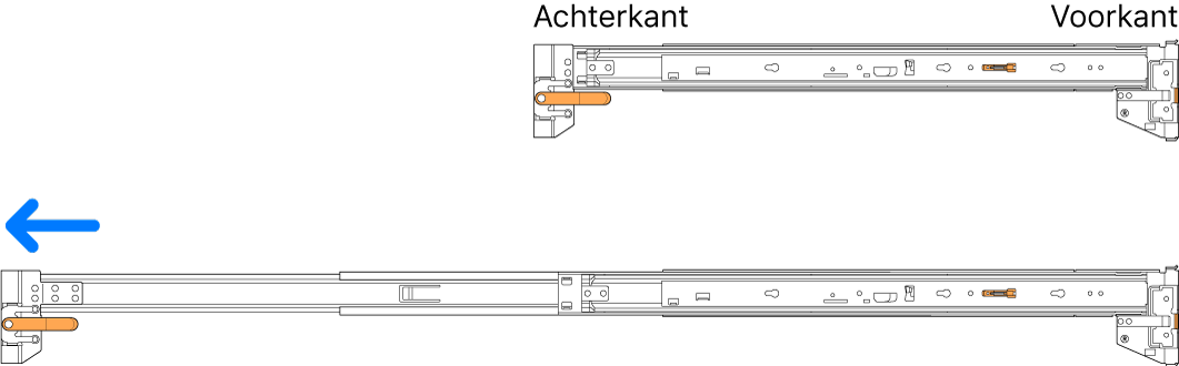 Niet-gemonteerde rails worden ingetrokken en uitgetrokken.