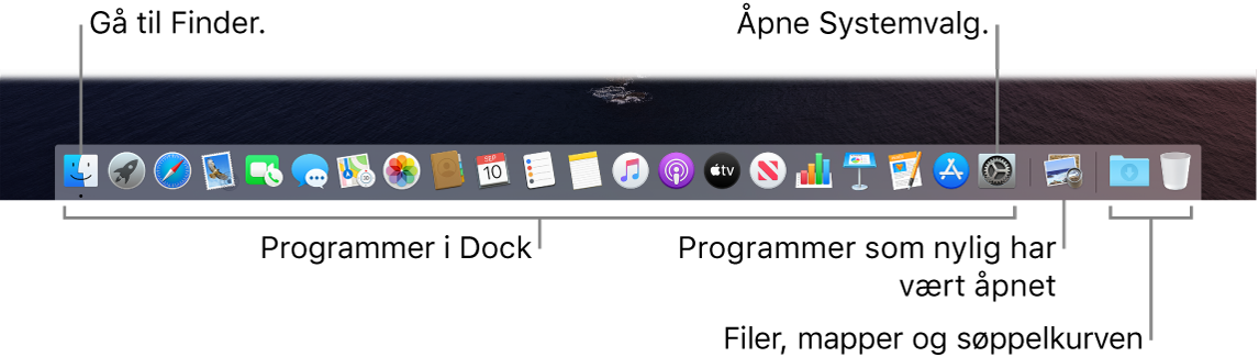 Dock, som viser Finder, Systemvalg og linjen i Dock som skiller programmer fra filer og mapper.