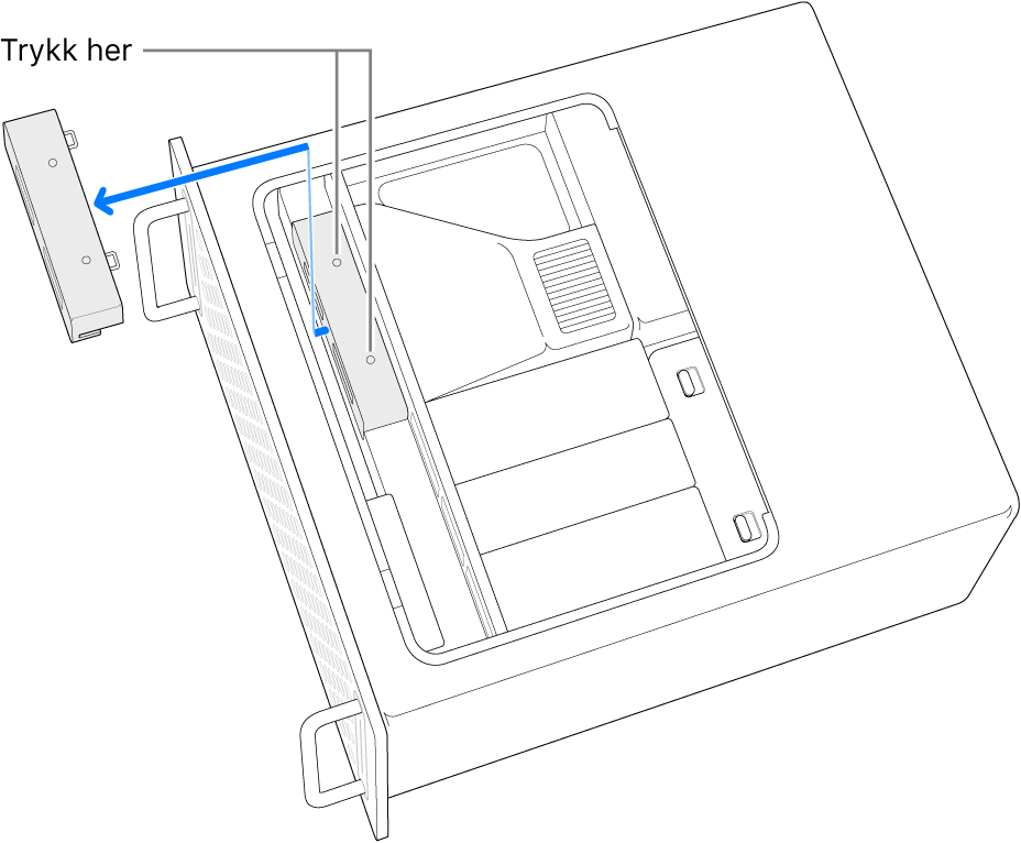 Mac Pro lagt på siden. Det vises hvor du skal trykke for å fjerne SSD-dekslet.