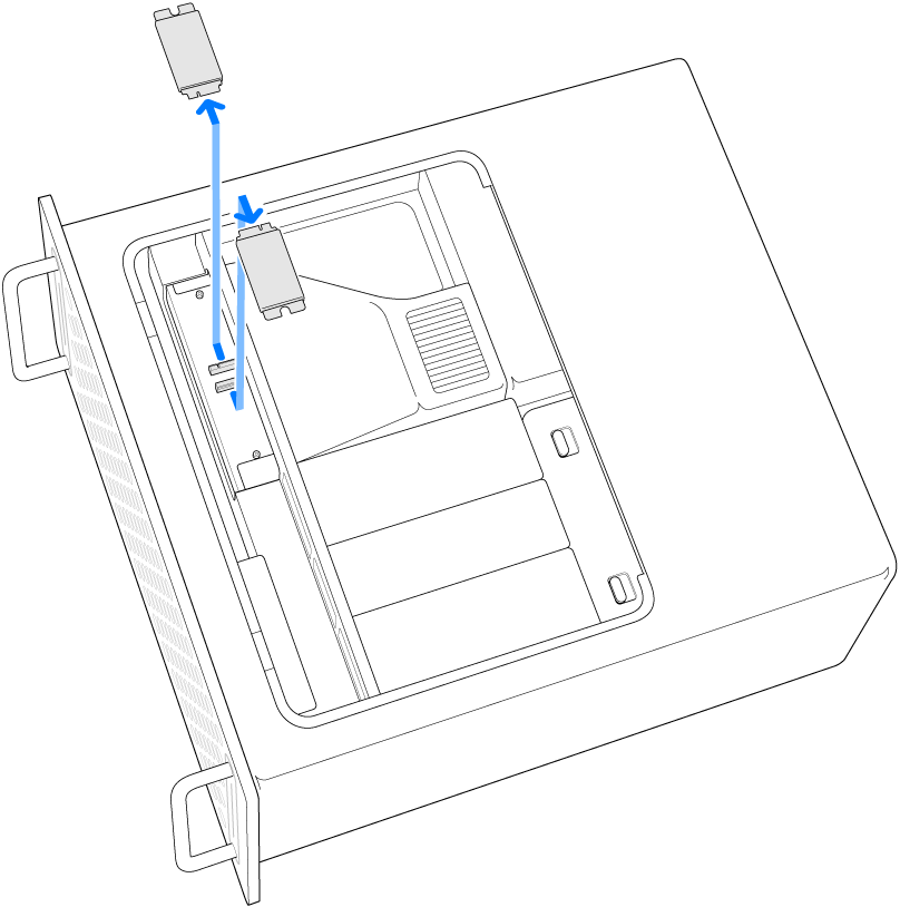 Mac Pro lagt på siden. Det vises hvordan to SSD-moduler fjernes.