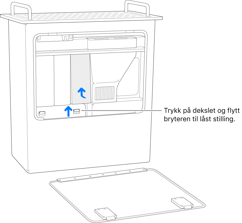 Mac Pro står med baksiden ned, og viser hvordan du flytter DIMM-bryteren til låst stilling.