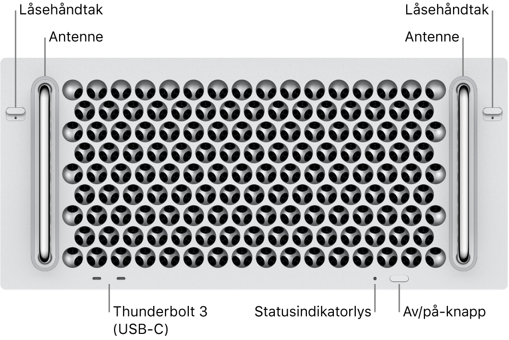 Fremsiden av Mac Pro som viser to Thunderbolt 3-porter (USB-C), et systemindikatorlys, strømknappen og en antenne.