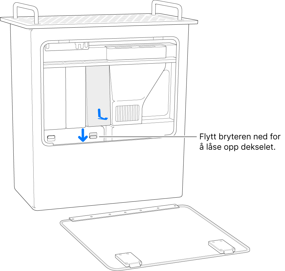 Mac Pro står med baksiden ned og bryteren som låser opp DIMM-dekselet er fremhevet.