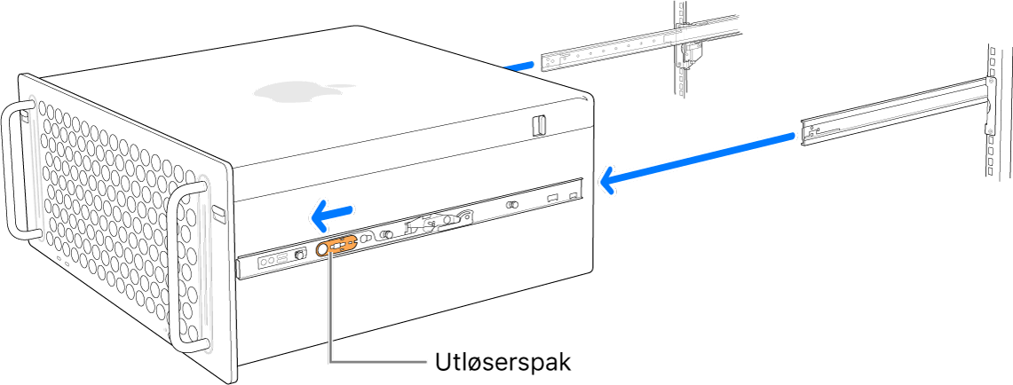 Mac Pro som fjernes fra skinnene som er festet i racken.