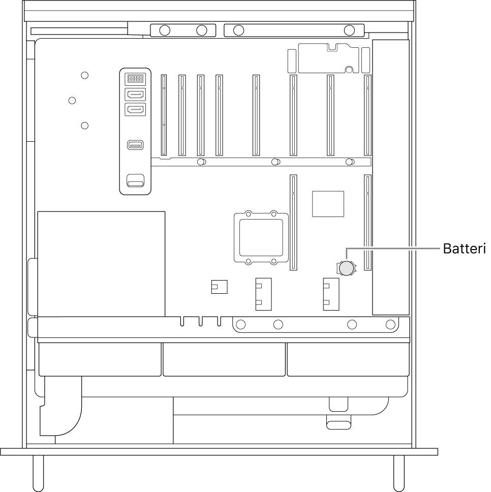 En åpen Mac Pro sett fra siden som viser hvor knappecellebatteriet er plassert.