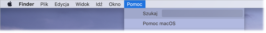 Częściowy widok biurka z rozwiniętym menu Pomoc i opcje menu Szukaj oraz menu Pomoc macOS.