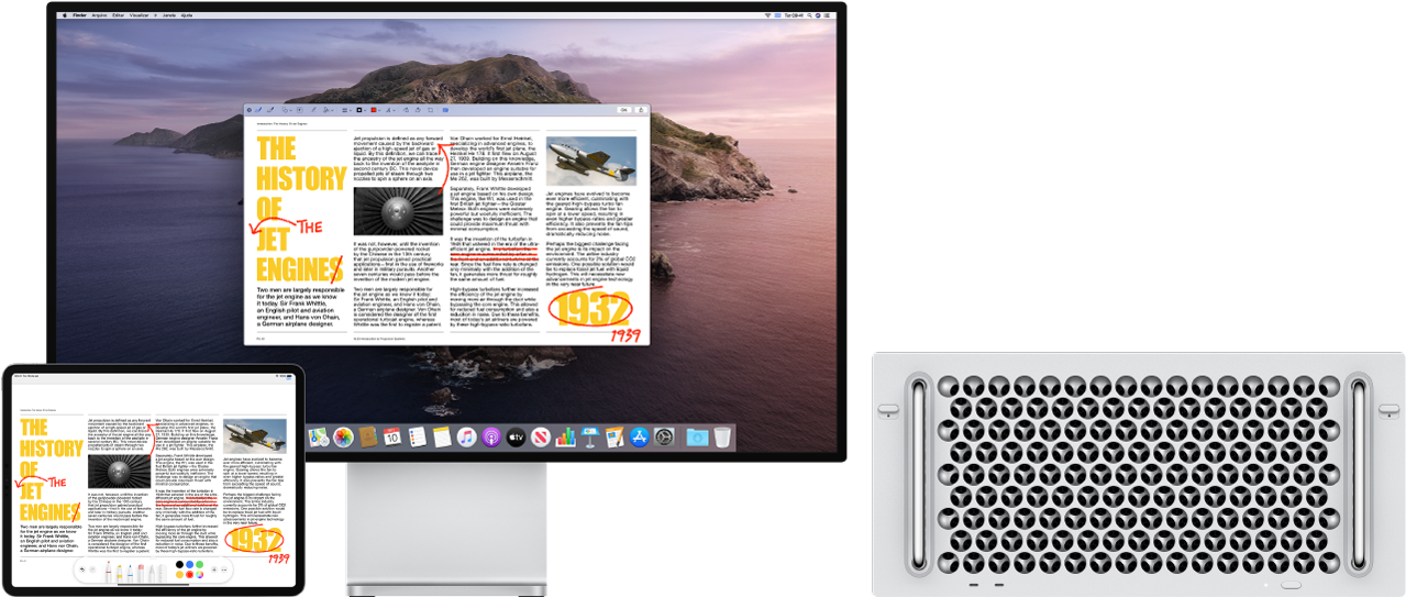 Um Mac Pro e um iPad lado a lado. Ambas as telas mostram um artigo coberto de edições vermelhas rabiscadas, como sentenças riscadas, setas e palavras adicionadas. O iPad também tem controles de marcação na parte inferior da tela.