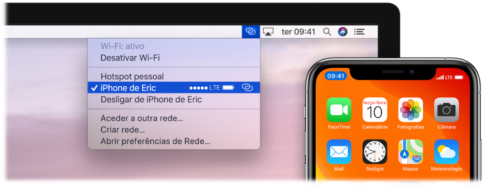 Um ecrã do Mac com o menu Wi-Fi a mostrar um hotspot pessoal ligado a um iPhone.