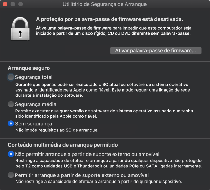 A janela do Utilitário de Segurança de Arranque está aberta com uma opção assinalada para arranque seguro e uma opção assinalada para arranque externo.