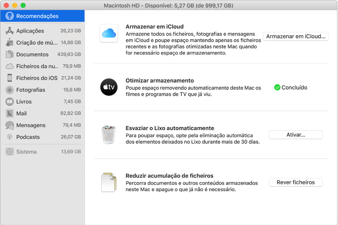 As preferências de Recomendações para armazenamento, a mostrar as opções Armazenar em iCloud, Otimizar armazenamento, Apagar o Lixo automaticamente, e Reduzir acumulação de ficheiros.