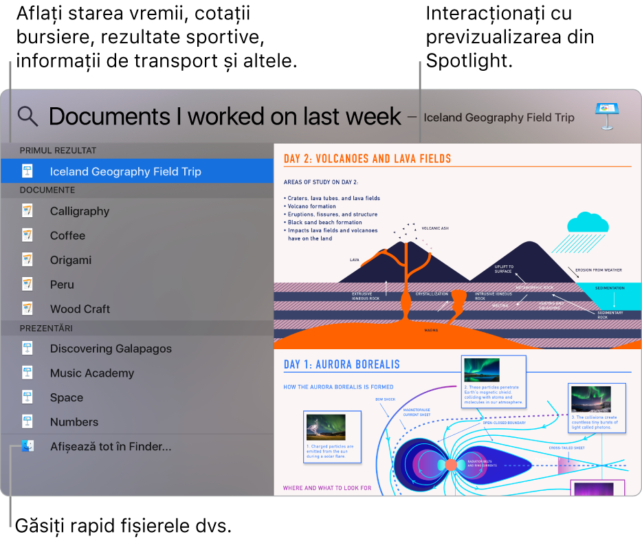 Fereastra Spotlight afișând rezultatele căutării la stânga și o previzualizare la dreapta.