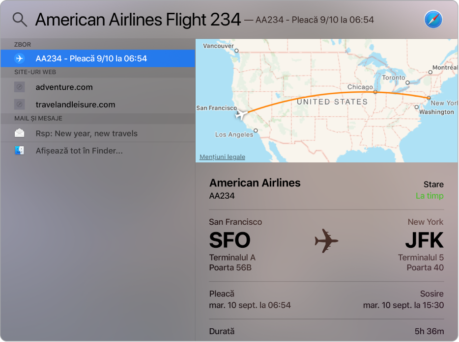 Fereastra Spotlight afișând o hartă și informații despre zborul pe care l-ați căutat.