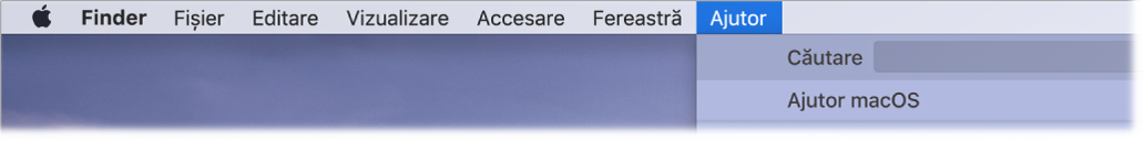 O parte din desktop cu meniul Ajutor deschis, afișând opțiunile de meniu pentru Căutare și Ajutor macOS.