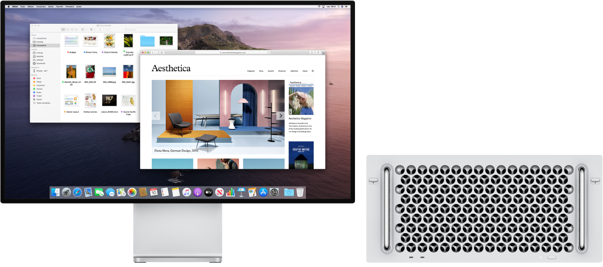 Mac Pro-ul și ecranul Pro Display XDR alăturate.