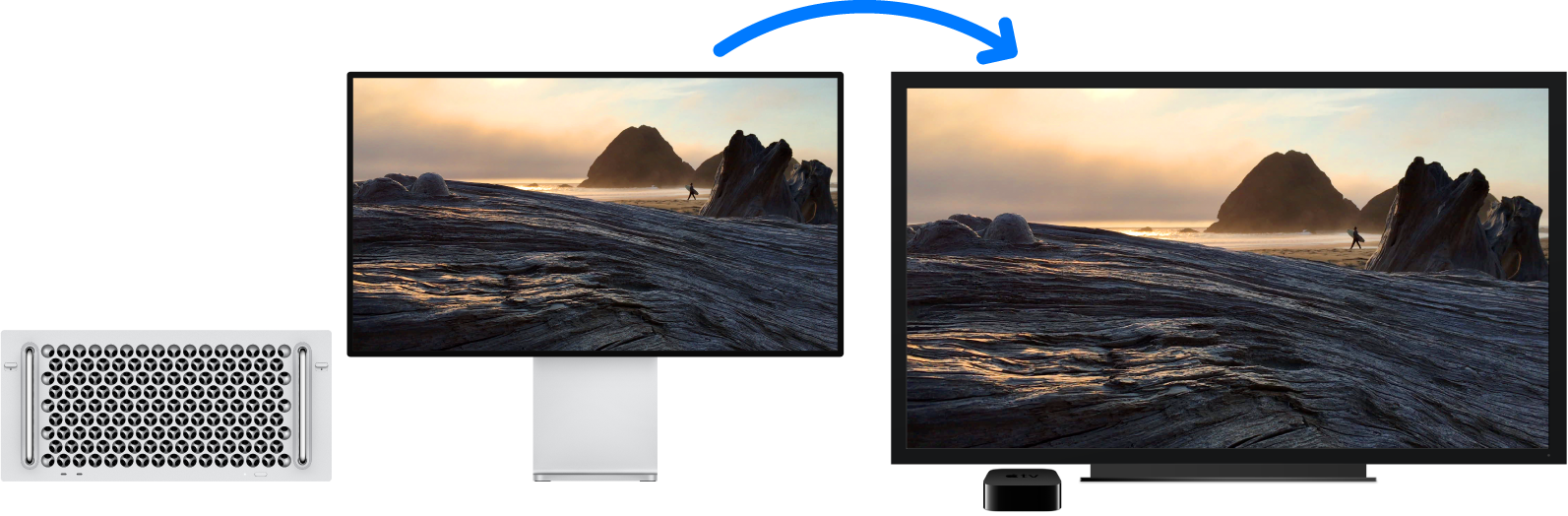 Un Mac Pro având conținutul oglindit pe un televizor HD de mari dimensiuni utilizând un Apple TV.