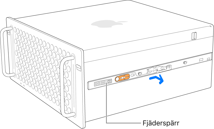 En skena som tas bort från sidan av Mac Pro.