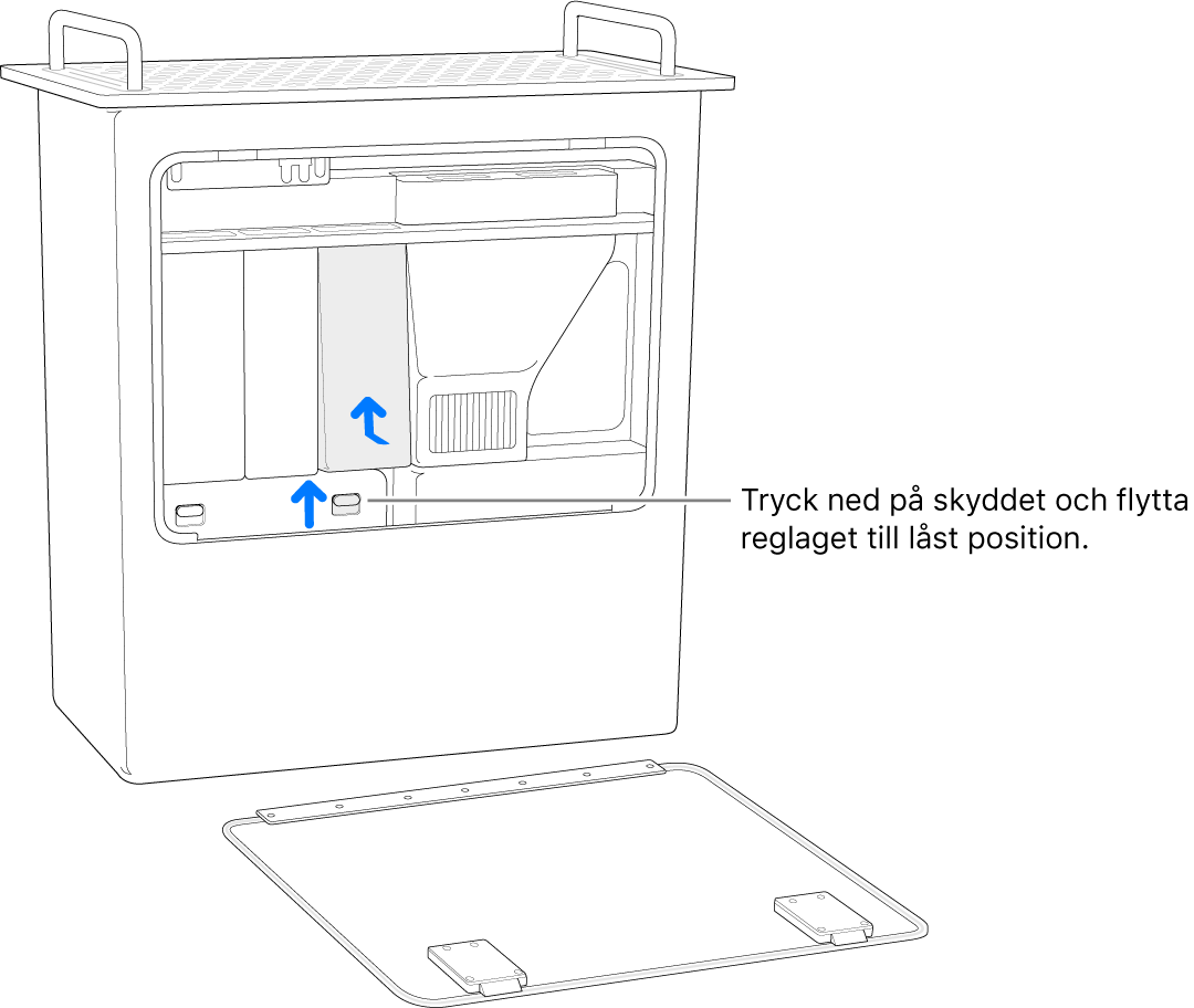 Mac Pro står på kortsidan och visar hur du flyttar DIMM-reglaget till låst läge.