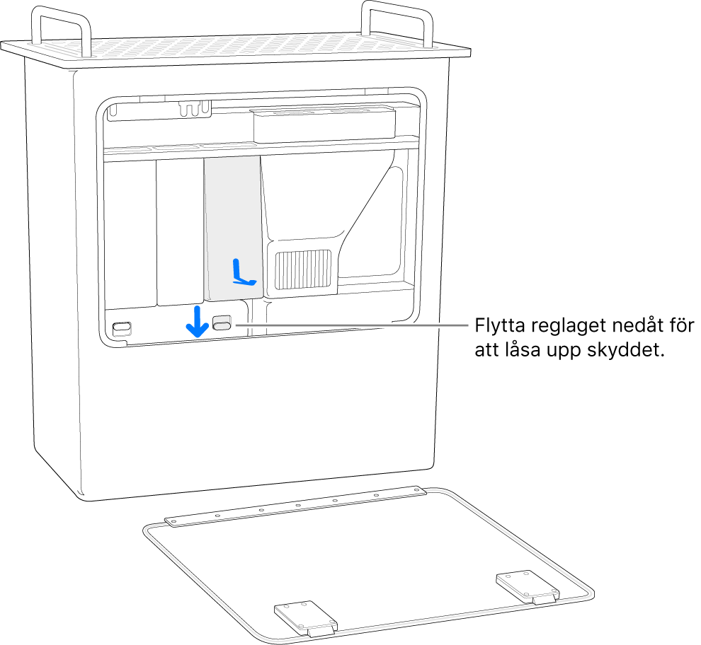 Mac Pro står på kortsidan och visar reglaget som låser upp DIMM-skyddet.