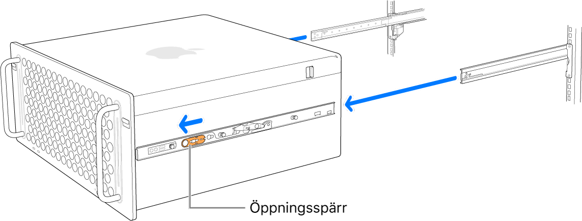 Mac Pro tas bort från skenorna som är fästa vid ett rack.