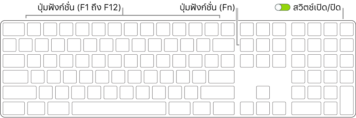 Magic Keyboard ที่แสดงปุ่ม Function (Fn) ที่มุมซ้ายล่างสุด และสวิตช์เปิด/ปิดเครื่องที่มุมขวาบนสุดของแป้นพิมพ์