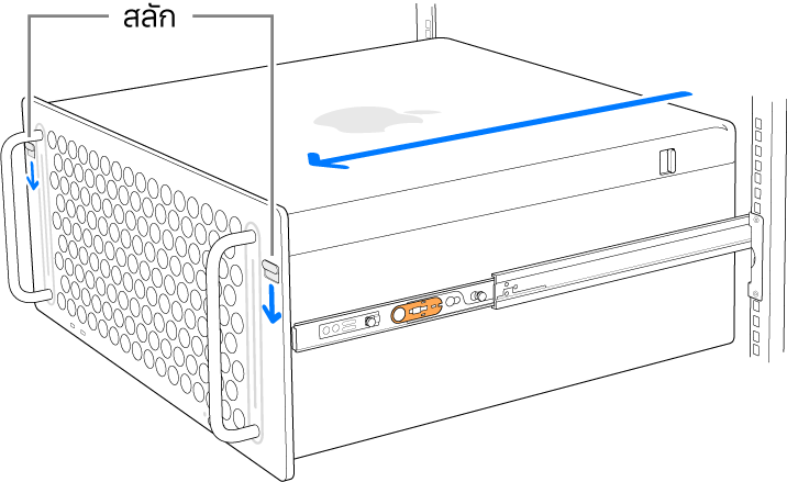 Mac Pro ที่วางอยู่บนรางที่ยึดติดกับแร็ค