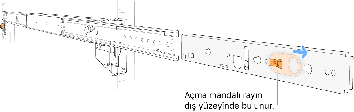 Rayın dış yüzeyindeki serbest bırakma mandalının vurgulandığı uzatılmış ray tertibatı.