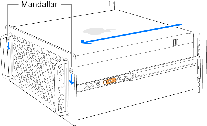 Mac Pro, bir rafa takılmış raylara duruyor.