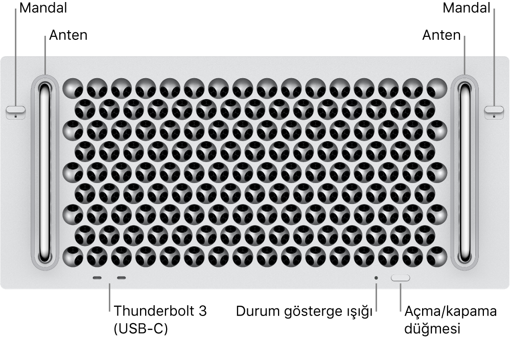 Mac Pro’nun önden görünümü; iki Thunderbolt 3 (USB-C) kapısı, sistem göstergesi ışığı, güç, düğme ve anten gösteriliyor.