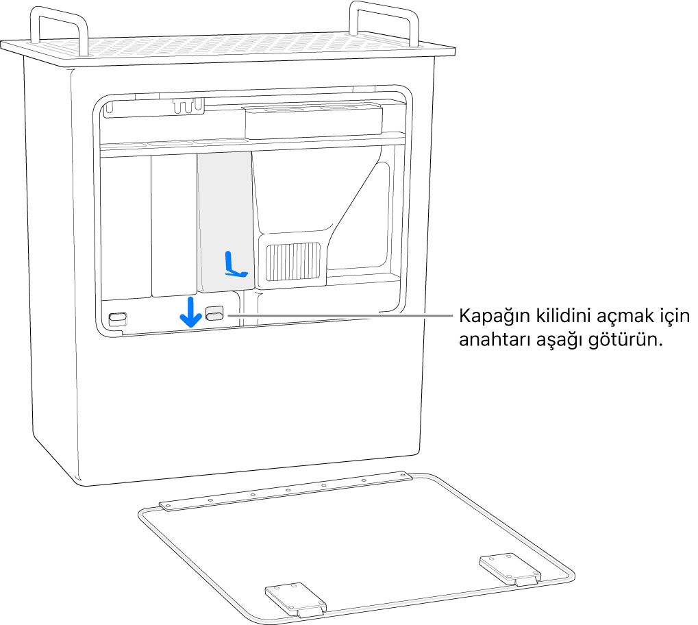 Mac Pro bir kenarında duruyor ve DIMM kapağını açan anahtarlar vurgulanıyor.