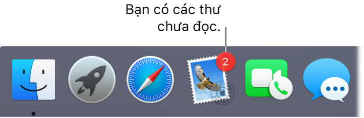 Một phần của Dock đang hiển thị biểu tượng ứng dụng Mail với một biểu trưng, cho biết số lượng thư chưa đọc.