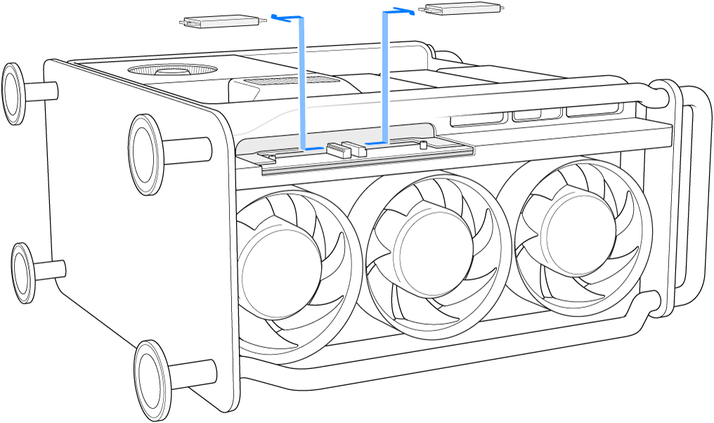 Mac Pro på siden med en illustration af, hvordan to SSD-moduler fjernes.