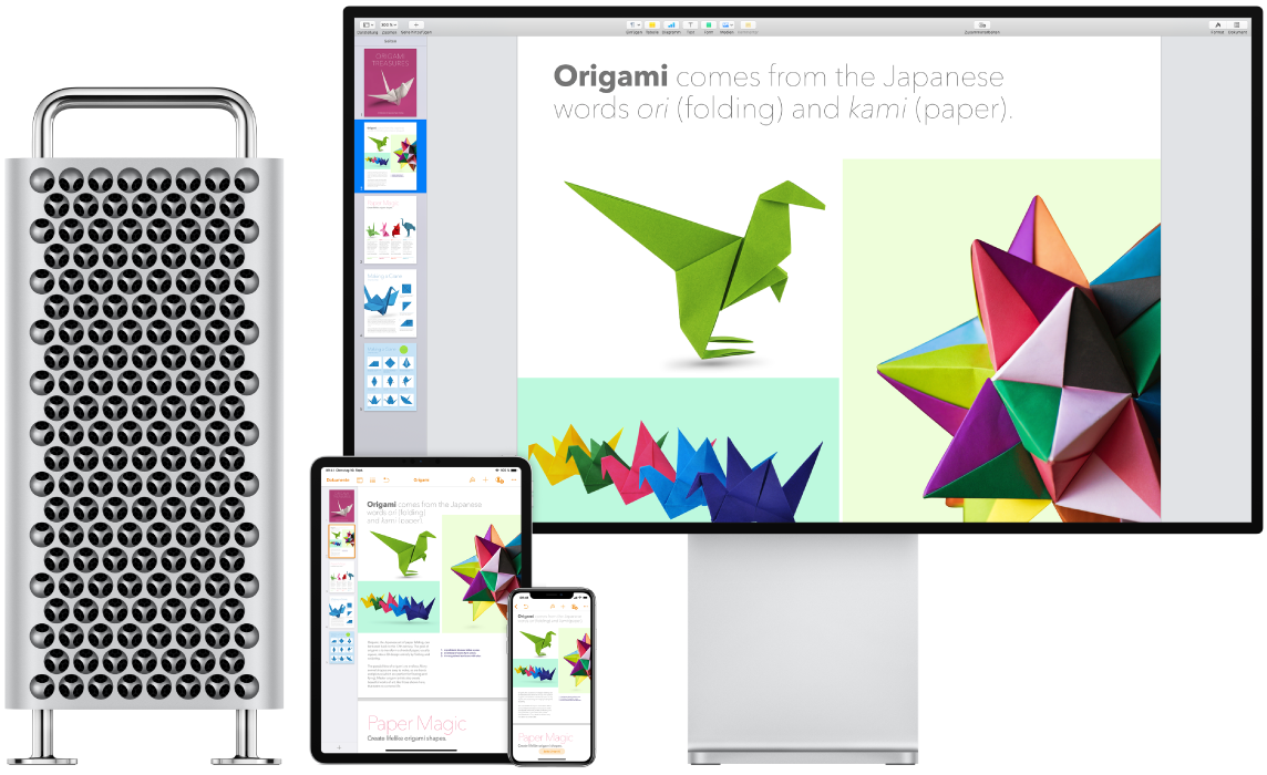 Auf einem iPad, iPhone und Mac Pro wird der identische Inhalt angezeigt.