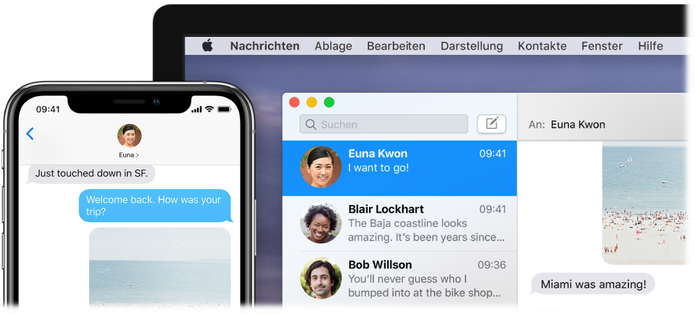 Die auf einem Mac geöffnete App „Nachrichten“ mit derselben Konversation in der App „Nachrichten“ auf einem iPhone