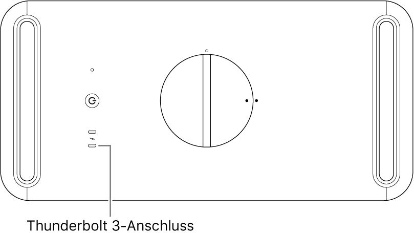 Die Oberseite des Mac Pro mit dem richtigen Thunderbolt 3-Anschluss, der verwendet werden muss.