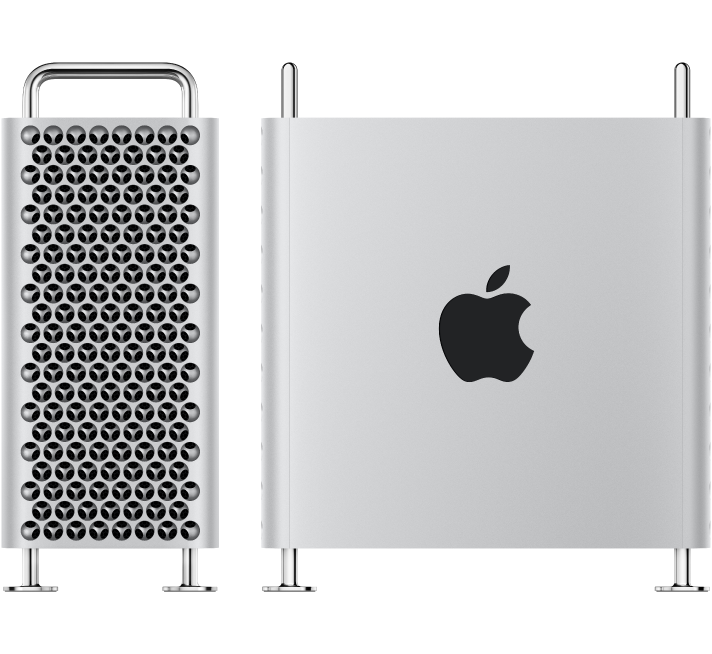 Zwei Bilder des Mac Pro; eines ist eine Frontalaufnahme, das andere eine Seitenaufnahme.