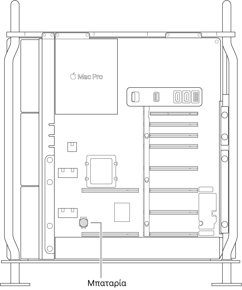 Πλαϊνή όψη του ανοιχτού Mac Pro όπου φαίνεται η θέση της μπαταρίας-κουμπιού.