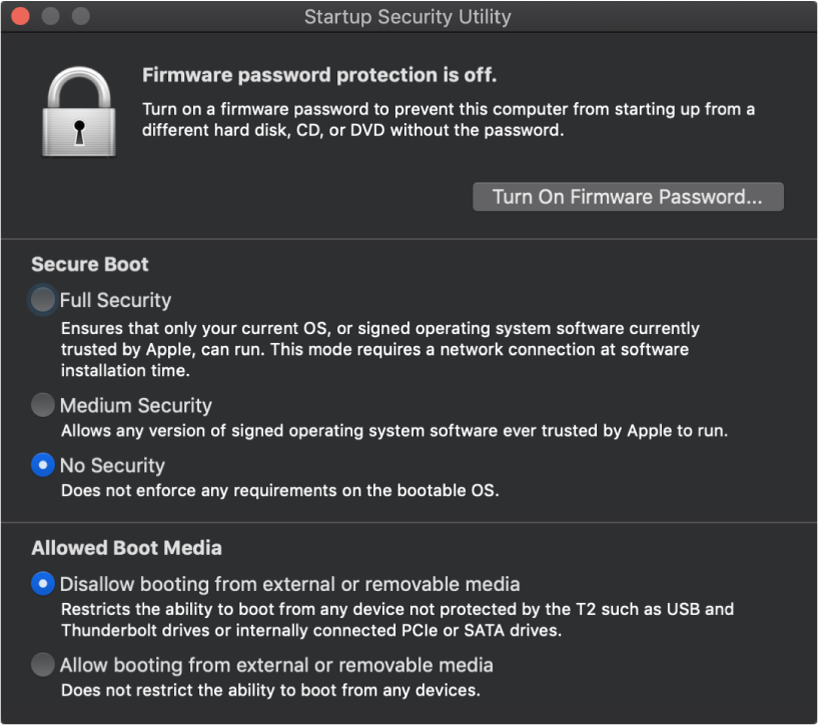 The Startup Security Utility window is open with an option checked for secure boot, and an option checked for external boot.